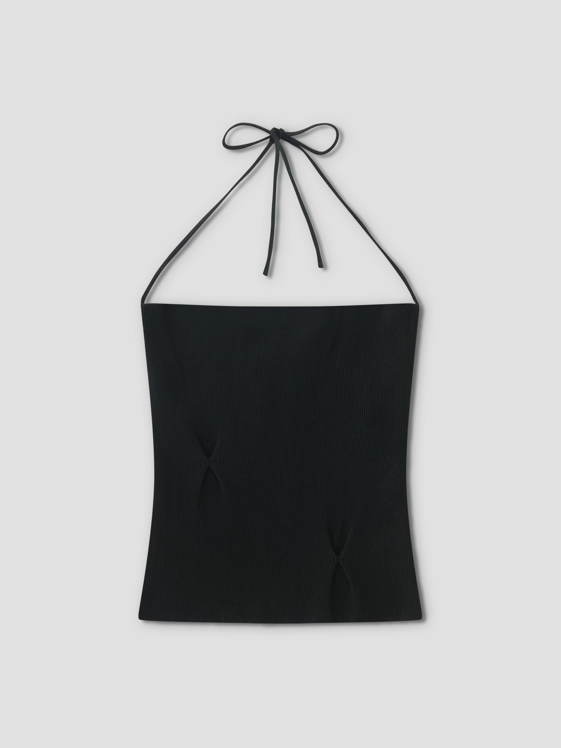 The Fine Knot Tank - Black is a fine knit halter with a straight neckline and thin straps tied at the neck, shown flat on a light gray background. Made from recycled polyester for a sustainable touch.