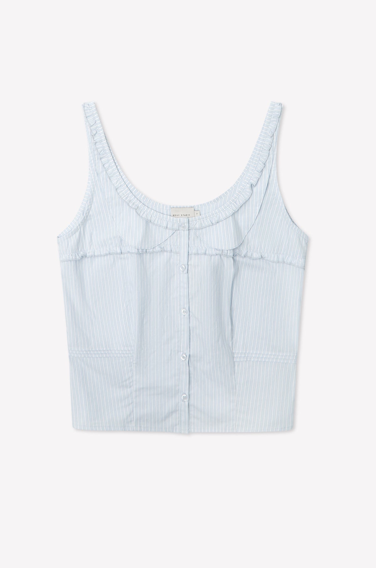 The Pintuck Collar Set - Mist Stripe features a light blue and white striped sleeveless cotton poplin top with a scoop neckline, front buttons, and ruffle detailing across the chest, shown on a plain white background.