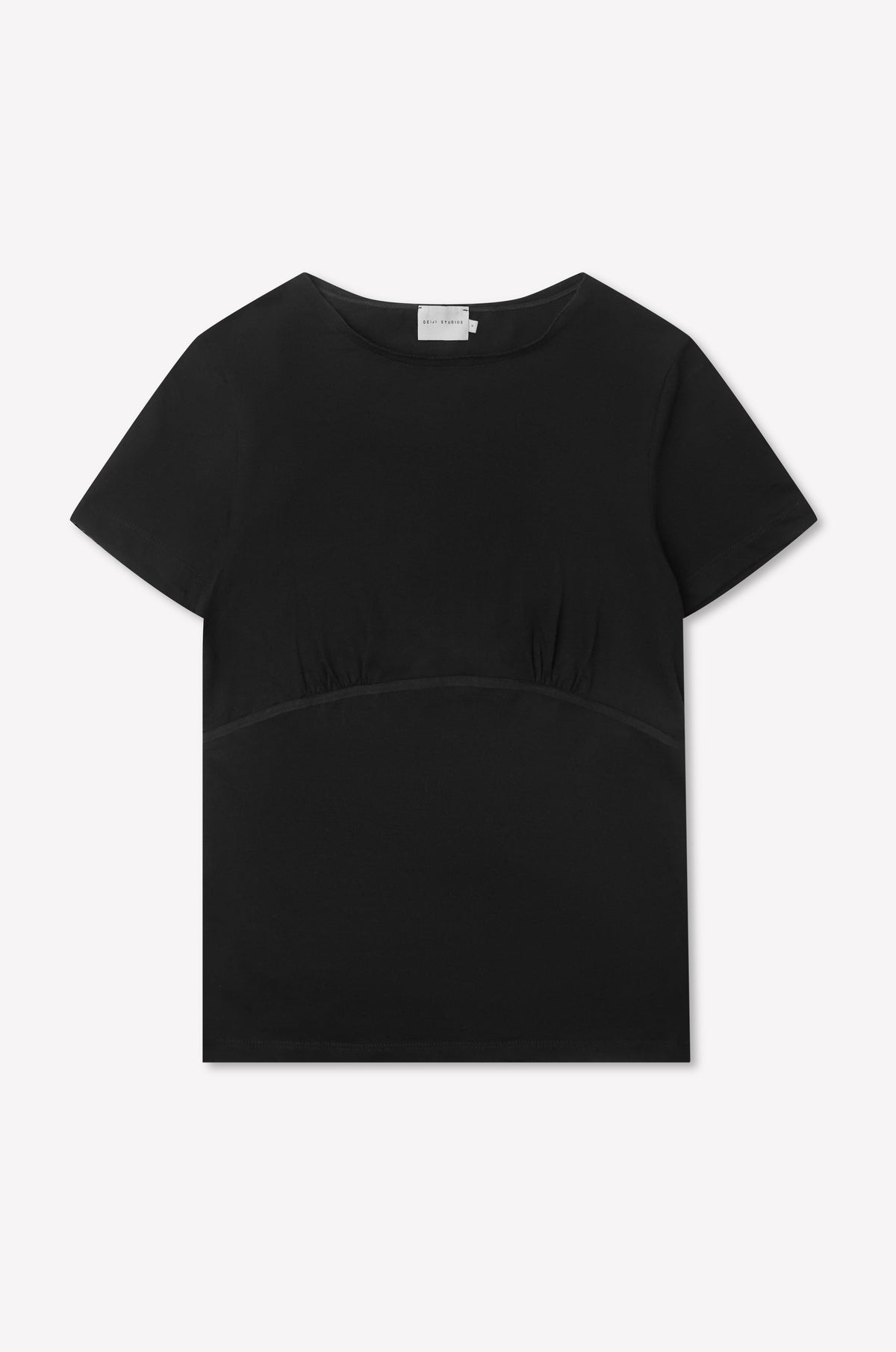 The Tape Tee - Black is a fitted plain black tee featuring short sleeves, a round neckline, and subtle gathered detailing below the bust, shown against a white background.