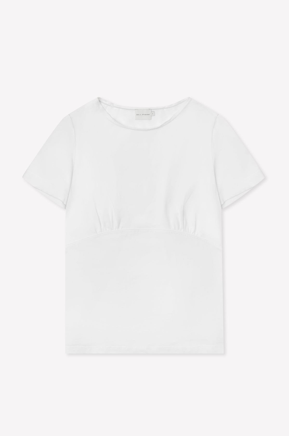 The Tape Tee - White by Deiji Studios is a fitted short sleeve top with a round neckline and subtle seam detailing under the bust, shown laid flat on a white background.