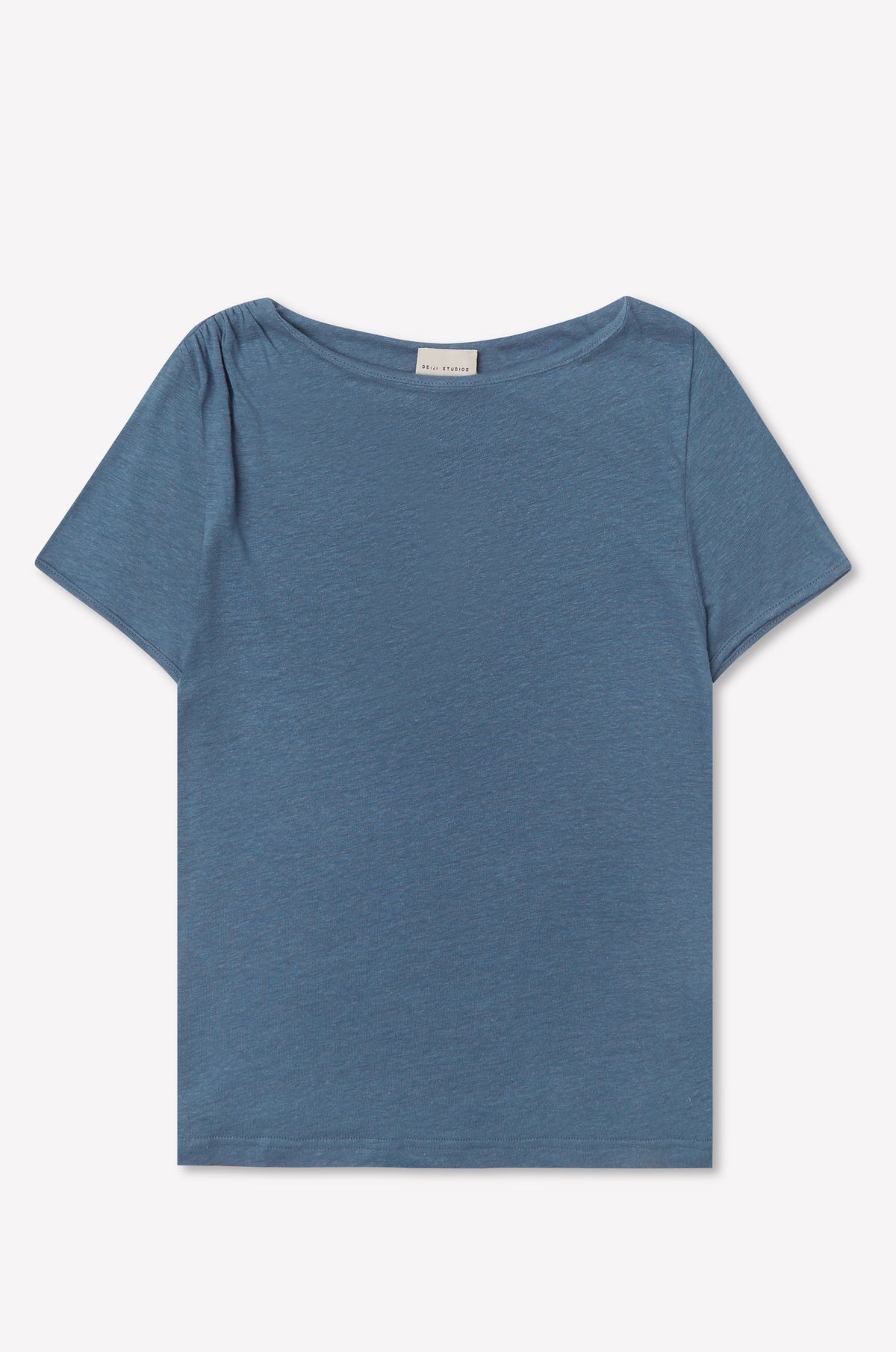 The Drape Tee - Blue features a plain design with short sleeves and a boat neckline, shown against a white background.
