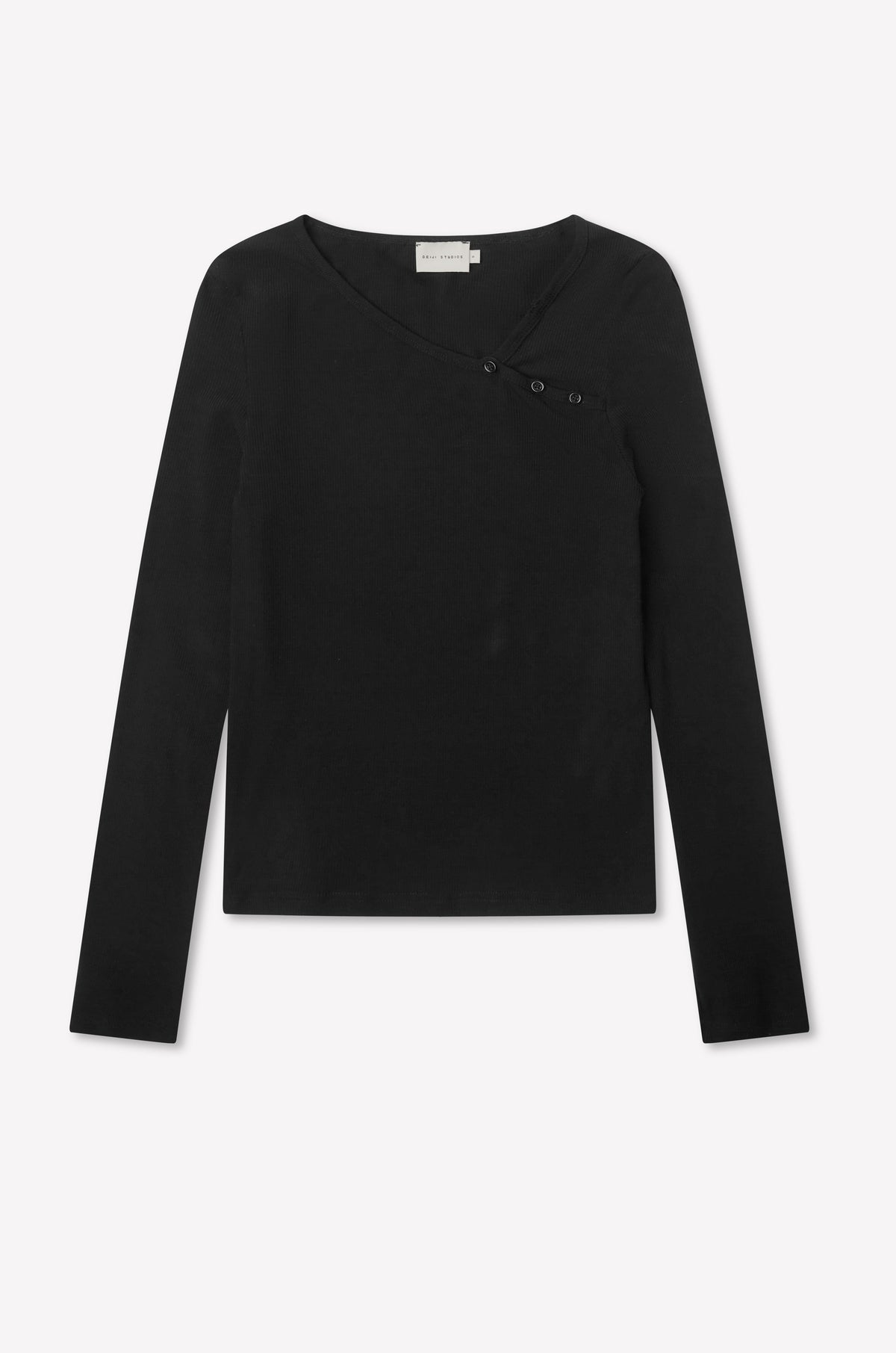 The Multi Button Top - Black is a fitted long sleeve jersey featuring an asymmetric scoop neckline and decorative multi-button detail by the right shoulder, shown against a plain white background.