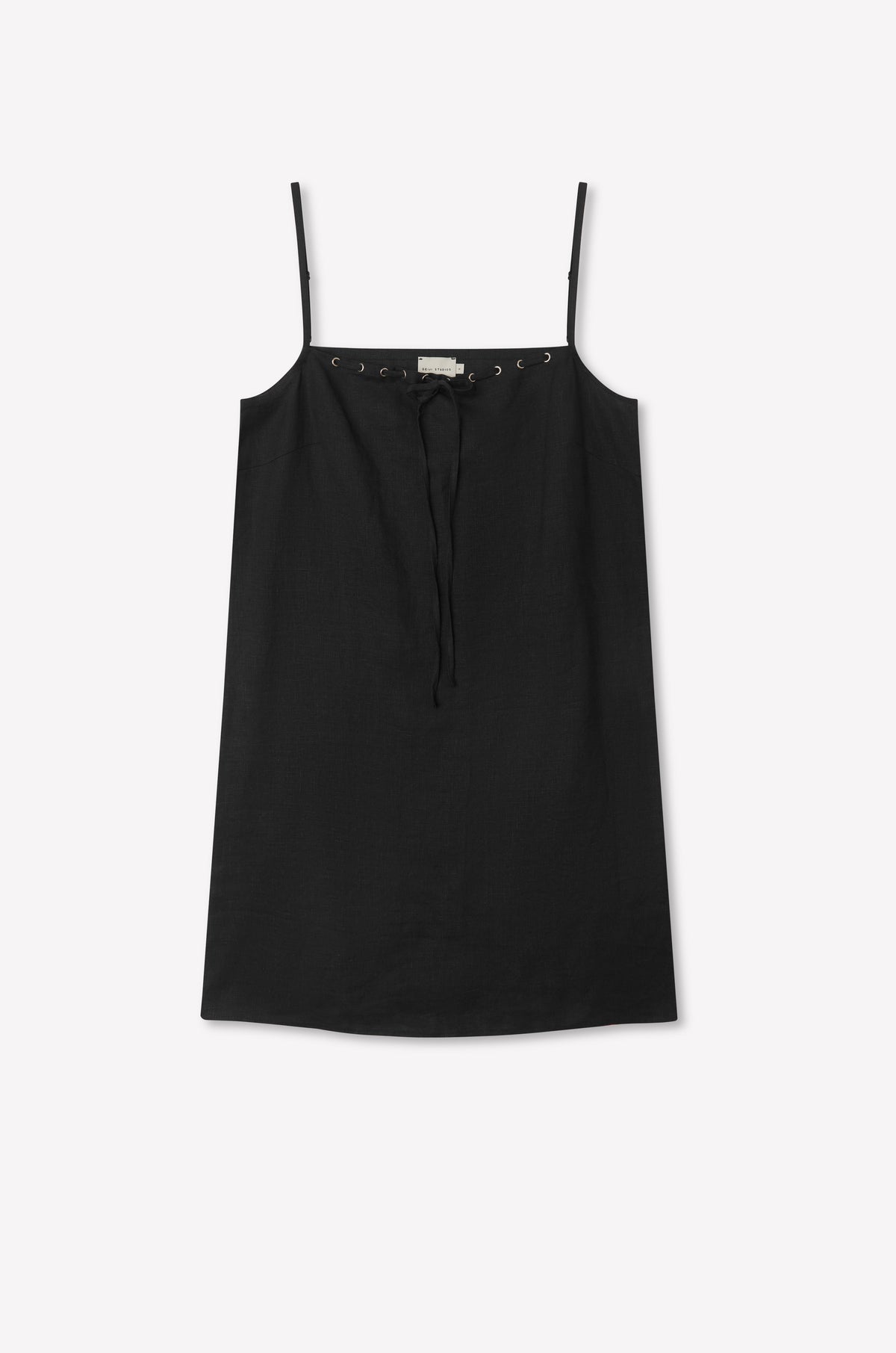 The Weave Mini - Black is a sleeveless camisole top with thin adjustable straps and a tie detail at the neckline, shown on a plain white background.