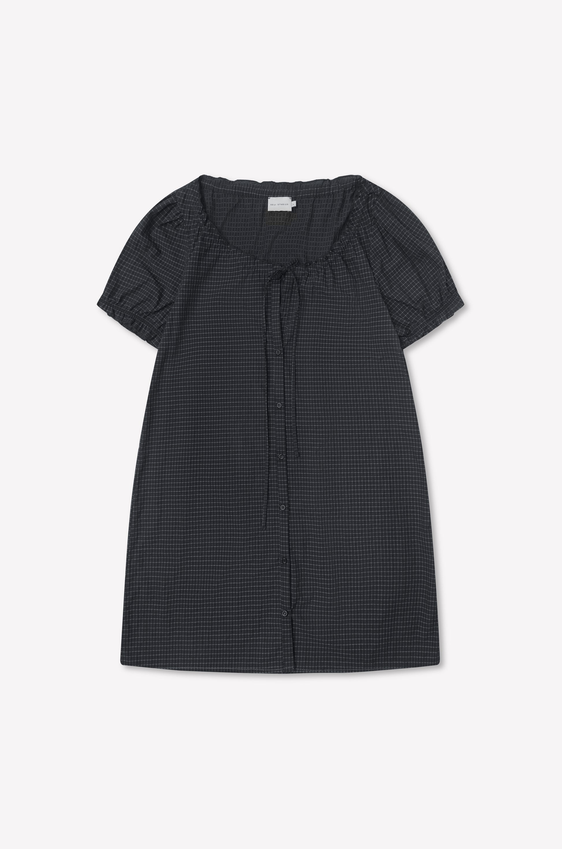 Buttoned Mini Dress - Mono Grid: short-sleeved, dark checkered dress with flounced sleeves, round neckline, front buttons, and neck tie detail, displayed flat on a white background.