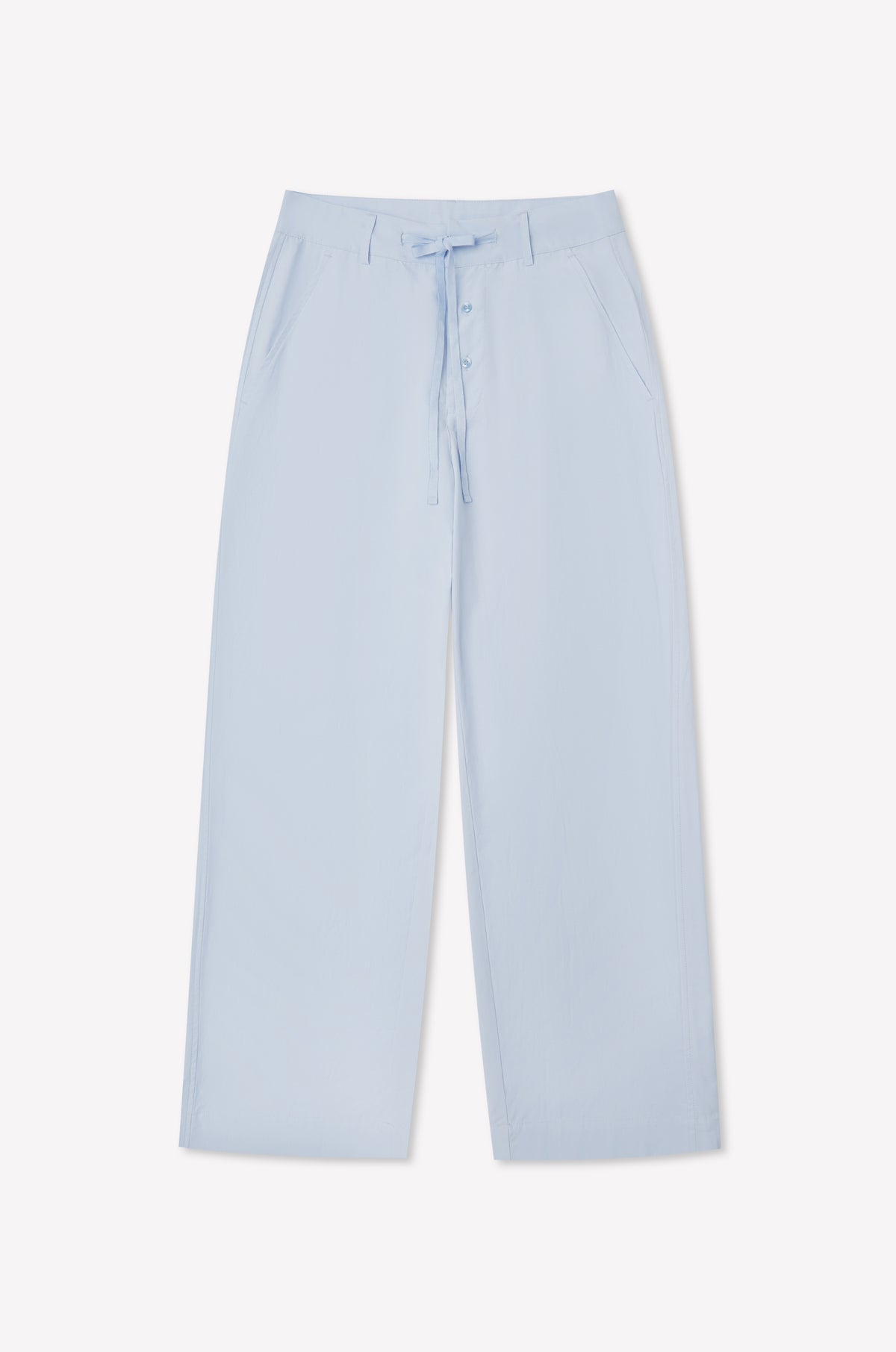 Powder blue Panel Leg Pant by Deiji Studios featuring a wide-leg silhouette, drawstring waist, front button closure, and side pockets, shown laid flat on a white background.