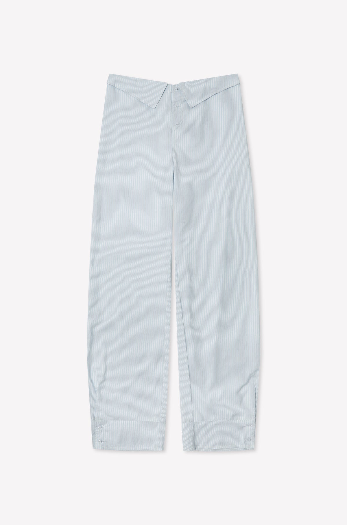 The Collar Point Pant - Mist Stripe features light blue and white pinstripes, a high waist, and an easy-leg silhouette. Made from lightweight cotton poplin for all-day comfort, shown laid flat on a white background.