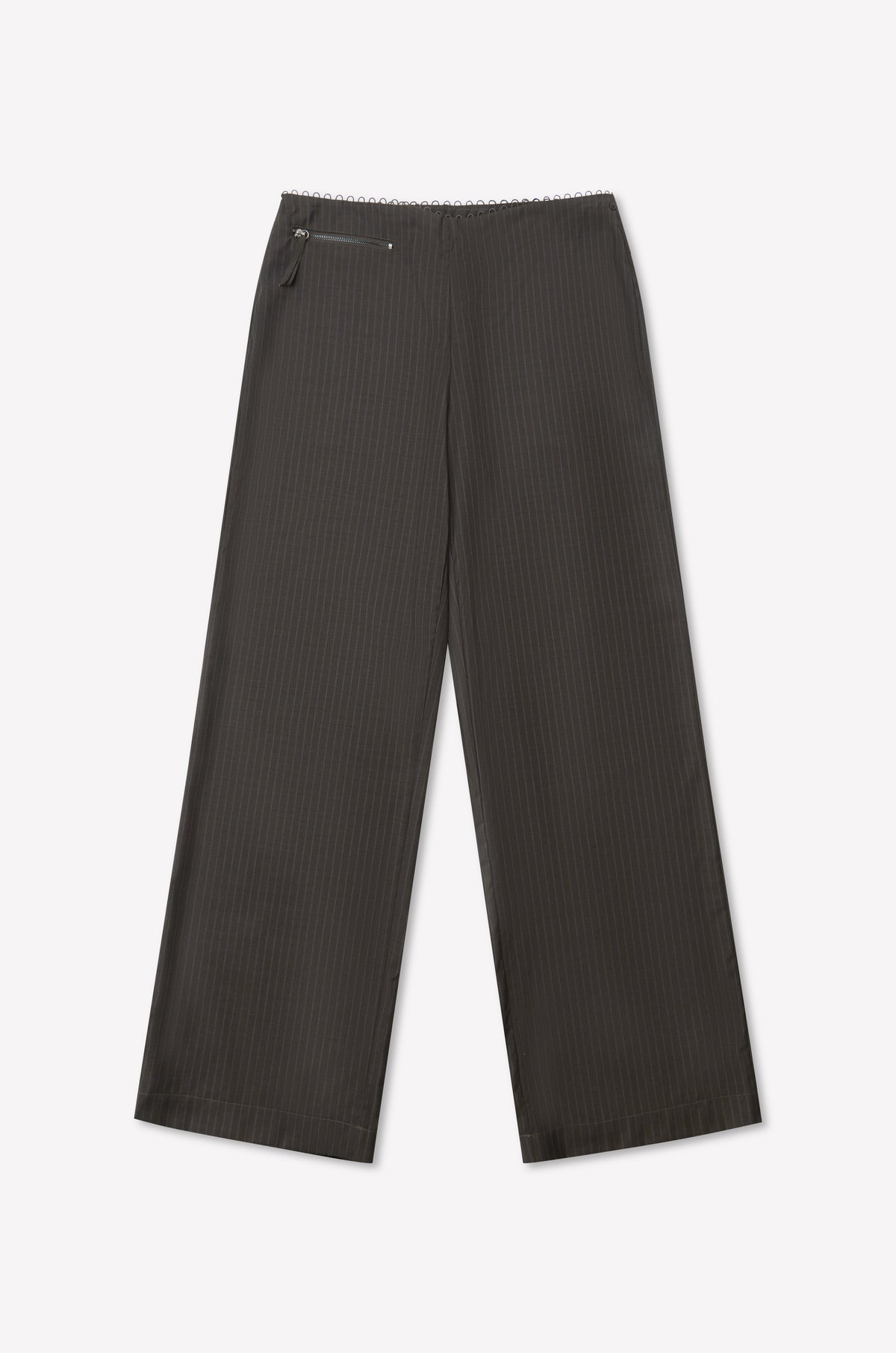 Pure Wool Zip Pant - Charcoal Stripe by Deiji Studios, featuring subtle vertical pinstripes, relaxed wide leg, elastic waistband, and a small side zipper pocket, displayed flat on a white background.