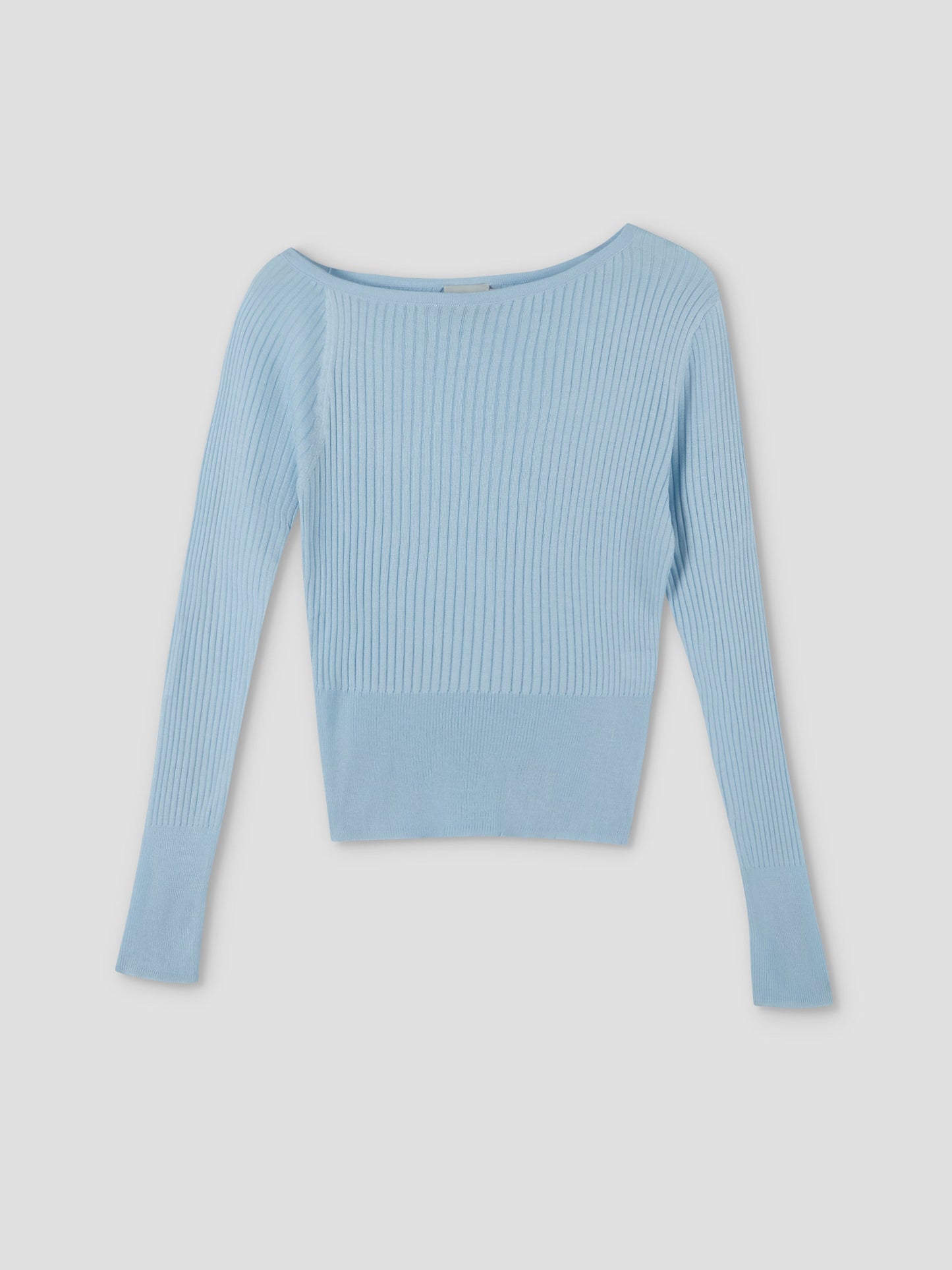 The Shoulder Knit Top - Blue features long sleeves, a ribbed knit texture, wide neckline, and fitted waist, shown against a plain light gray background.