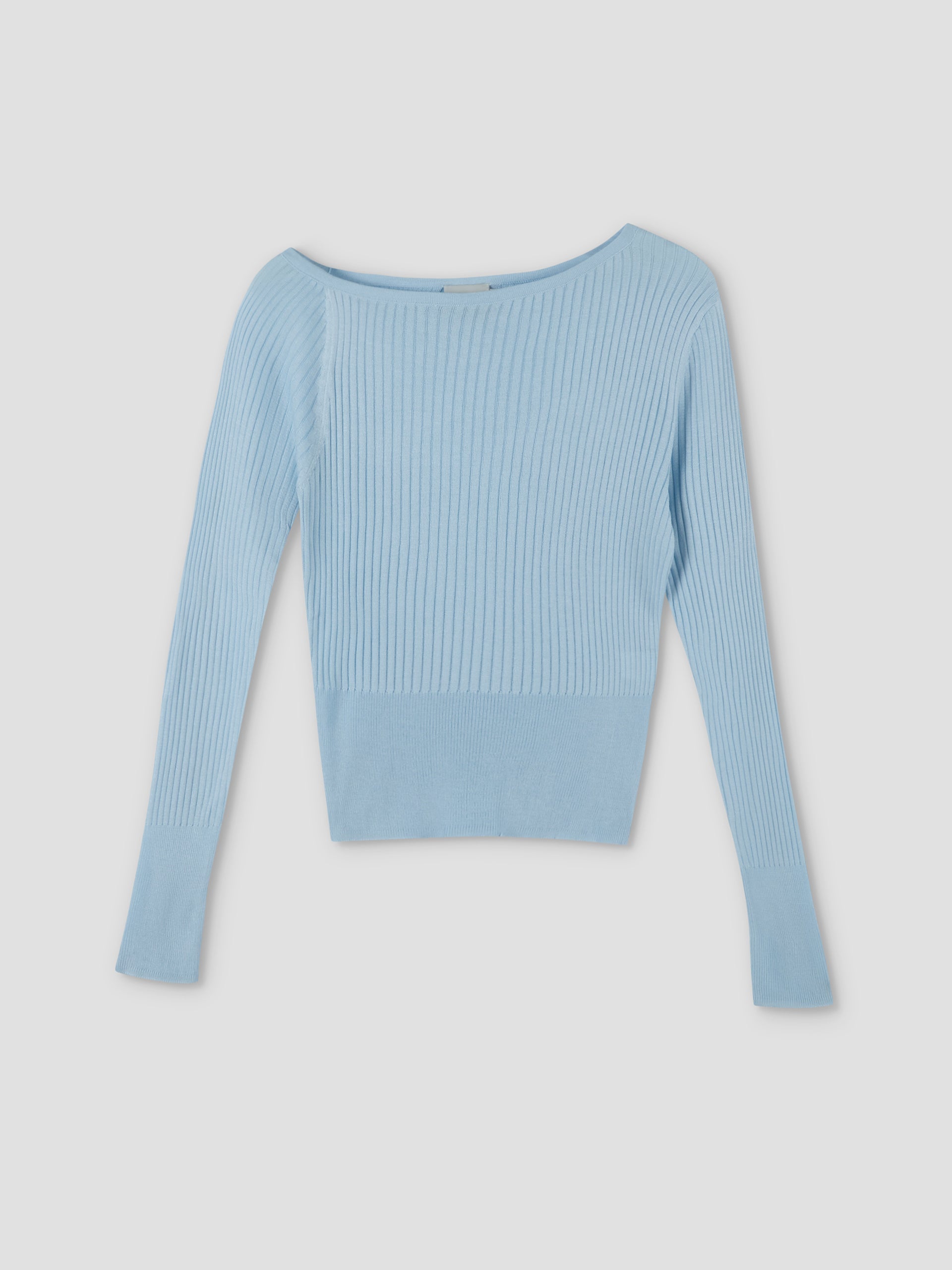 The Shoulder Knit Top - Blue features long sleeves, a ribbed knit texture, wide neckline, and fitted waist, shown against a plain light gray background.