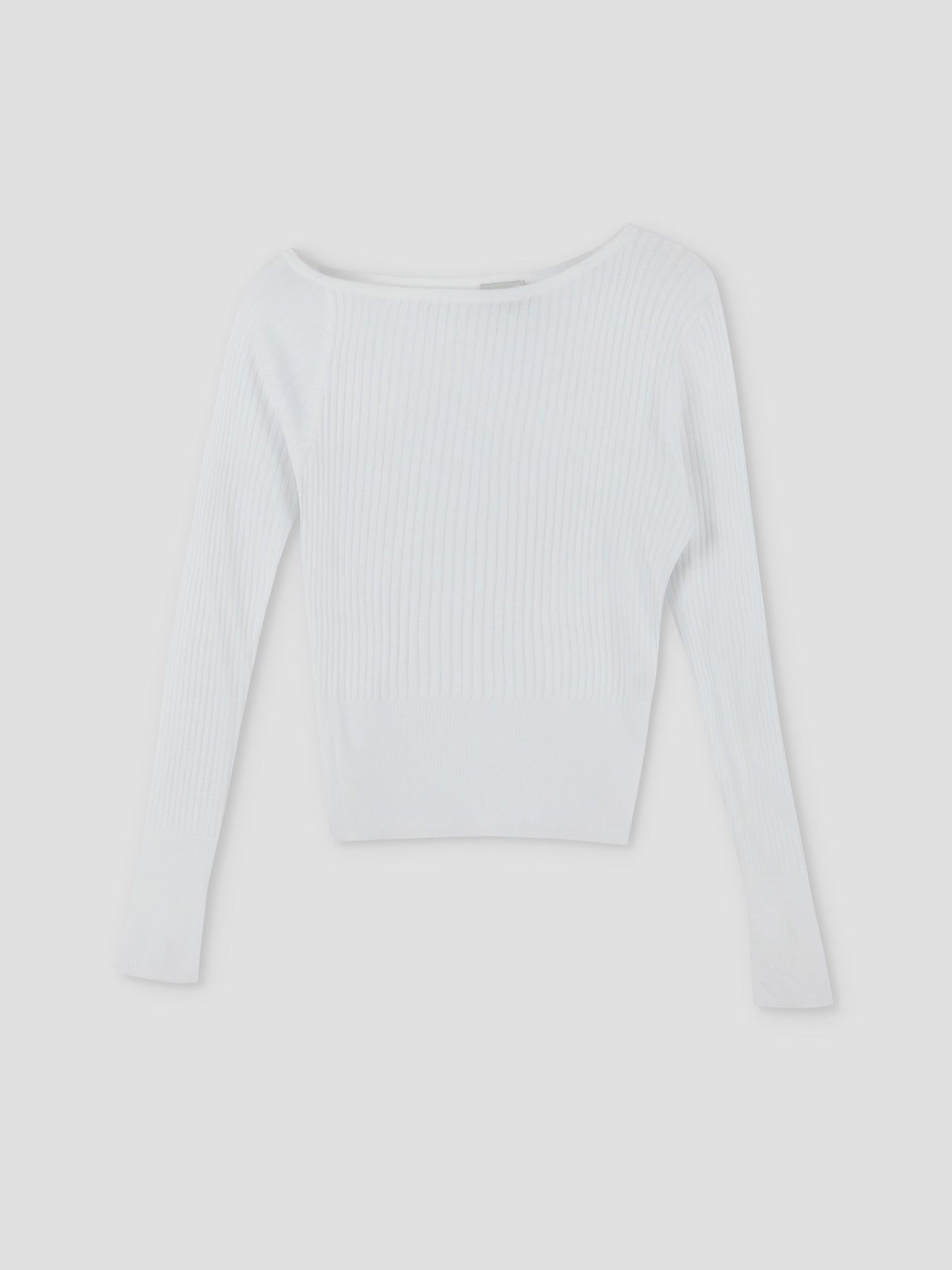 The Shoulder Knit Top - White features long sleeves, a ribbed knit texture, a wide neckline, and a fitted waist in the signature Deiji Studios style, displayed flat on a light gray background.