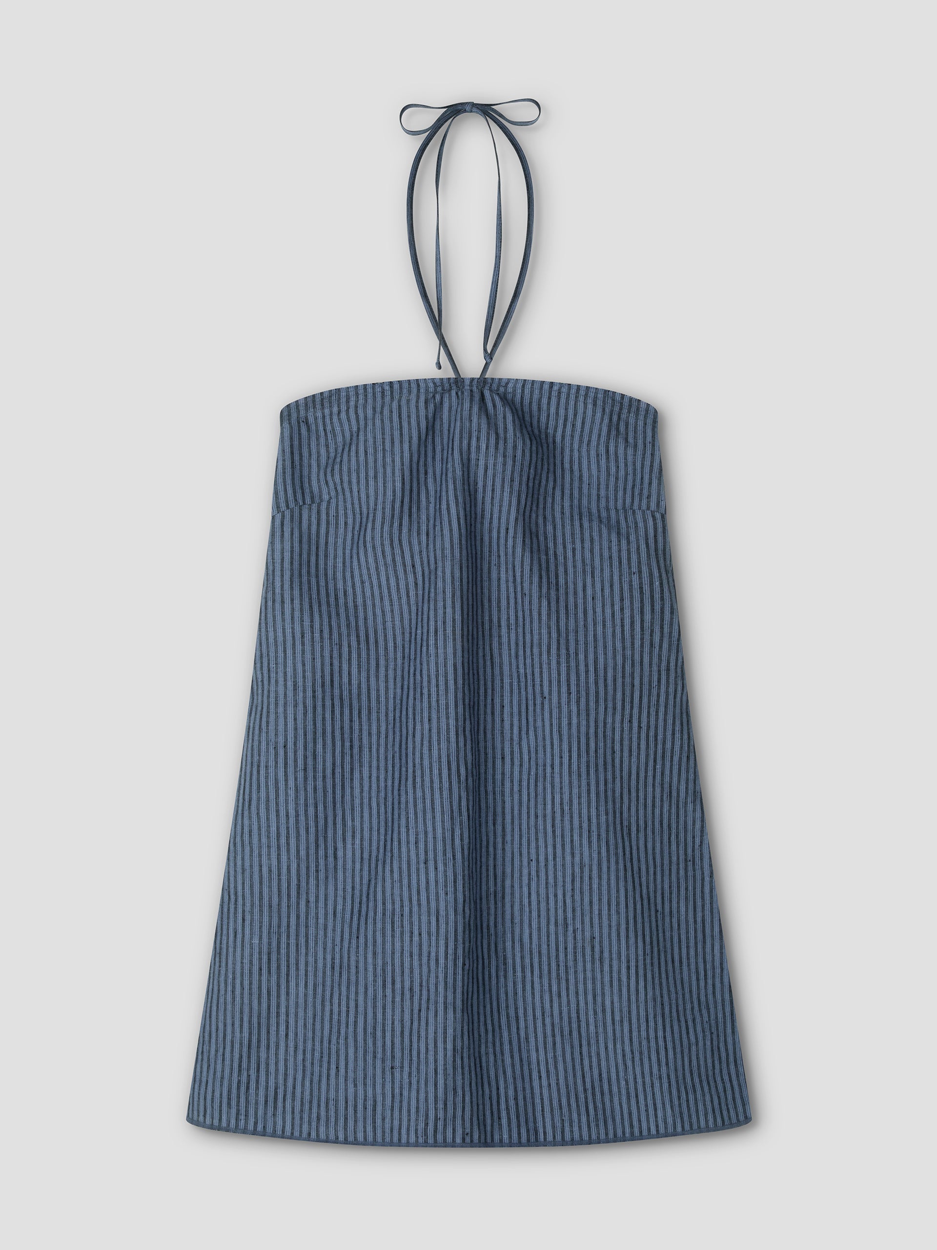 The Cross Over Dress - Azure Stripe is a sleeveless mini dress with blue and black stripes, thin tie halter straps, a gathered bust, and a flared A-line silhouette. It's shown flat on a light gray background.