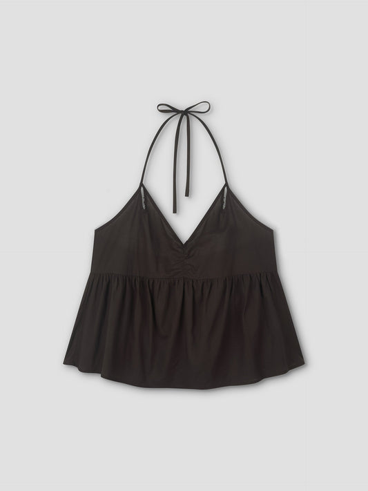 The Keyhole Halter Top - Wine by Deiji Studios is a sleeveless, keyhole halter with a gathered bust, flared fit, and thin neck-tie straps. Shown on a plain light gray background.