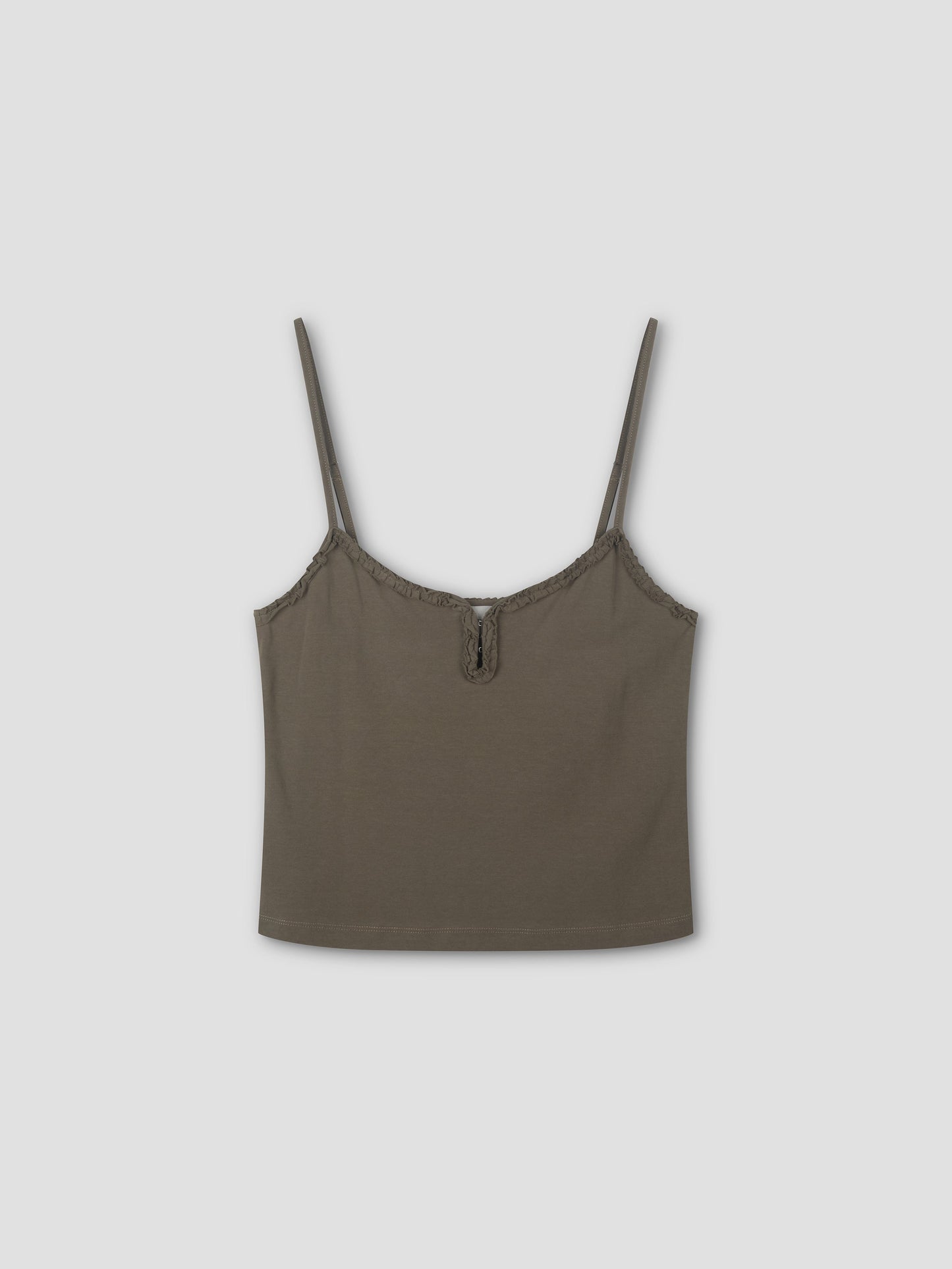 The Clasp Singlet - Khaki is a green camisole crop top with thin adjustable straps and a small bow at the neckline, inspired by Deiji Studios and shown on a plain light gray background.
