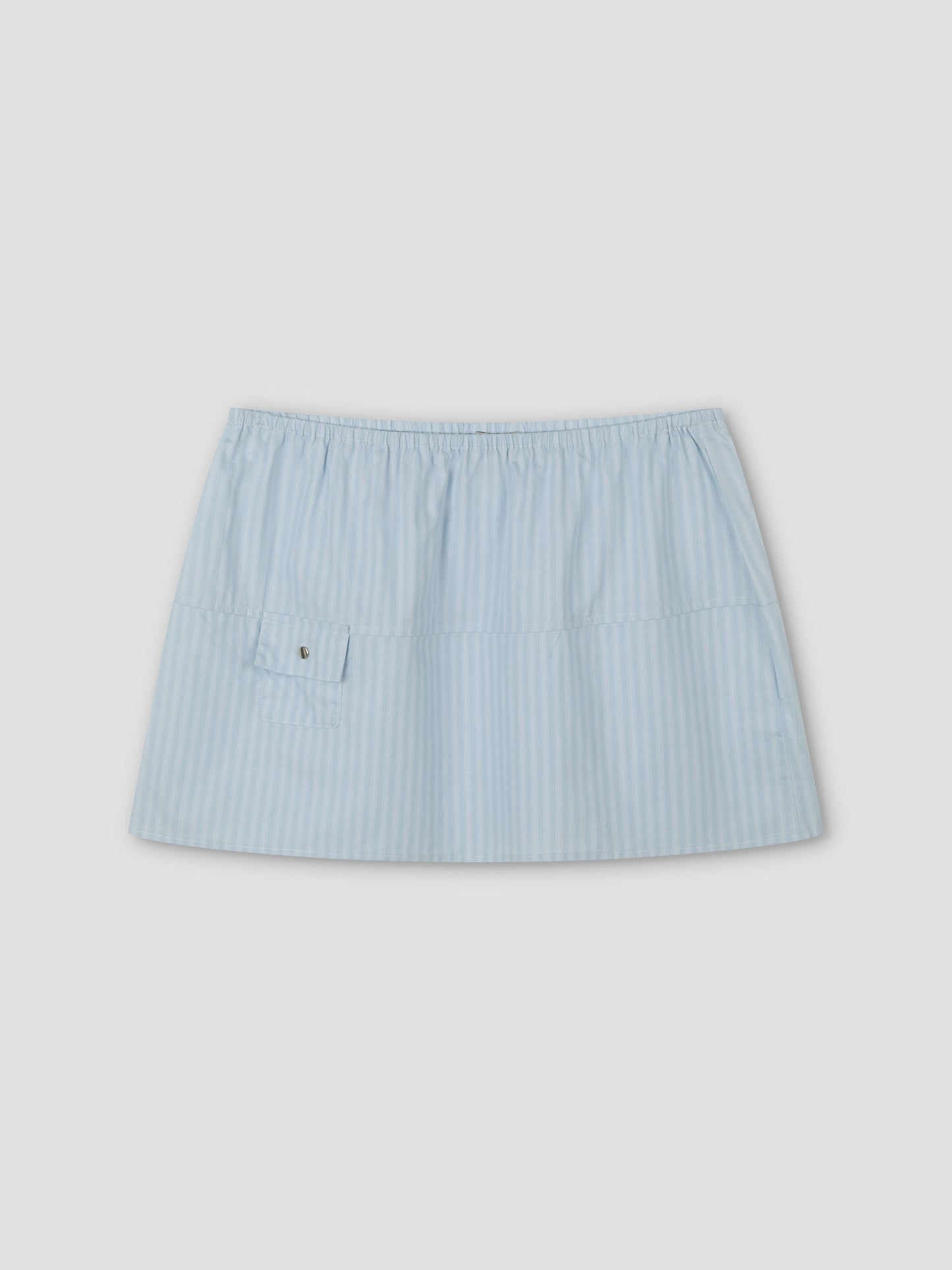 Pocket Skirt - Lake Blue Stripe: a light blue and white striped mini skirt with an elastic waistband and small front pocket, shown on a plain light gray background.