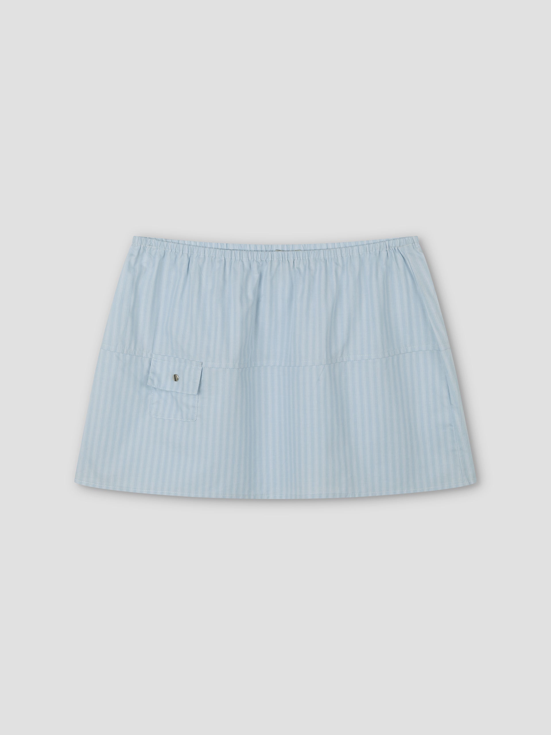 Pocket Skirt - Lake Blue Stripe: a light blue and white striped mini skirt with an elastic waistband and small front pocket, shown on a plain light gray background.