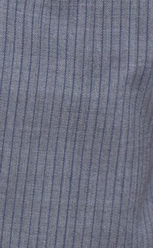 Close-up of the Wool Belt Pant - Grey Blue Stripe, showing soft RWS wool fabric with thin, vertical dark blue pinstripes—perfect texture and weave for a relaxed fit.