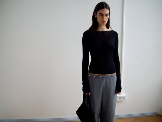 Wool Belt Pant - Grey Blue Stripe