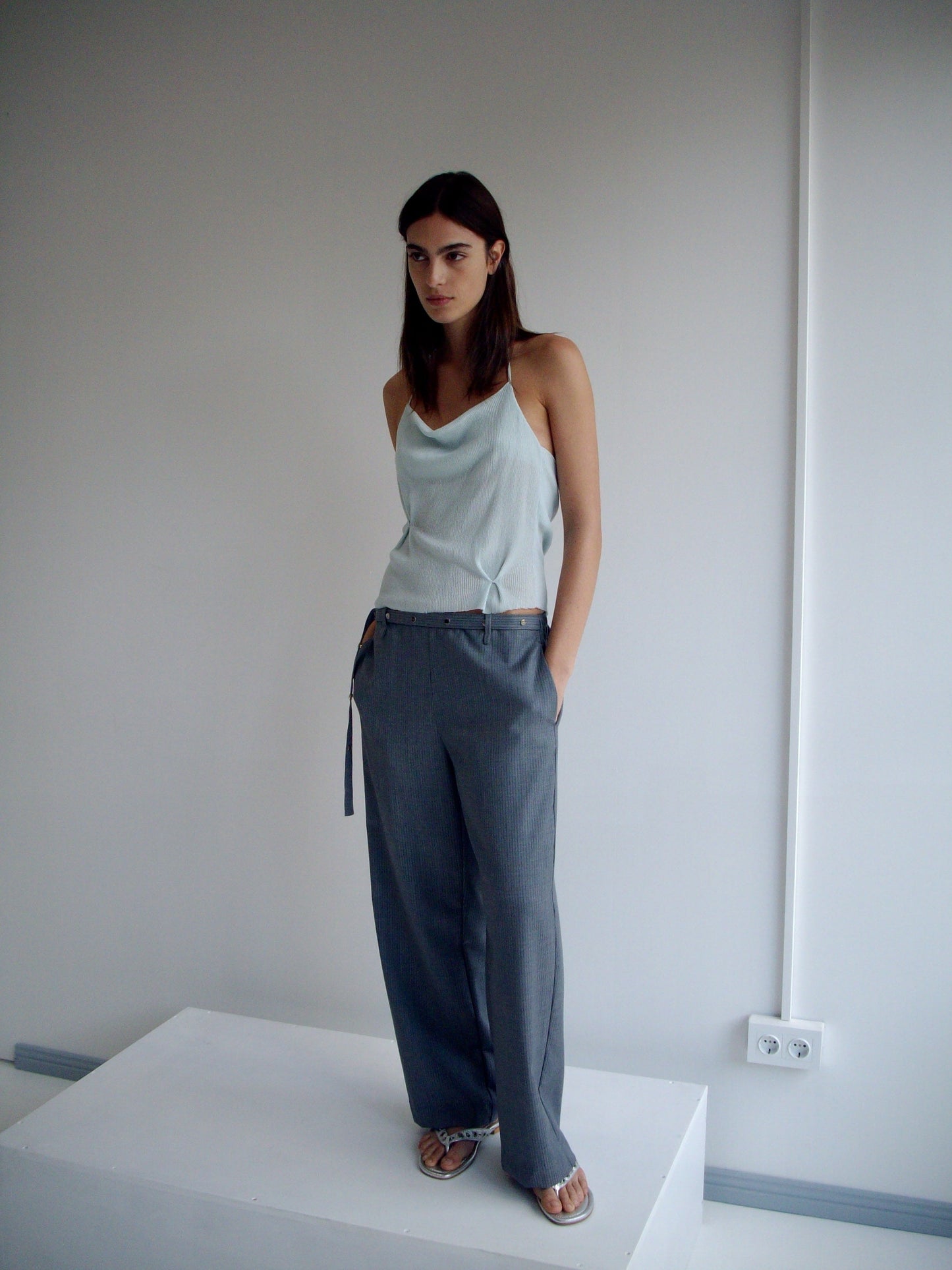 Wool Belt Pant - Grey Blue Stripe