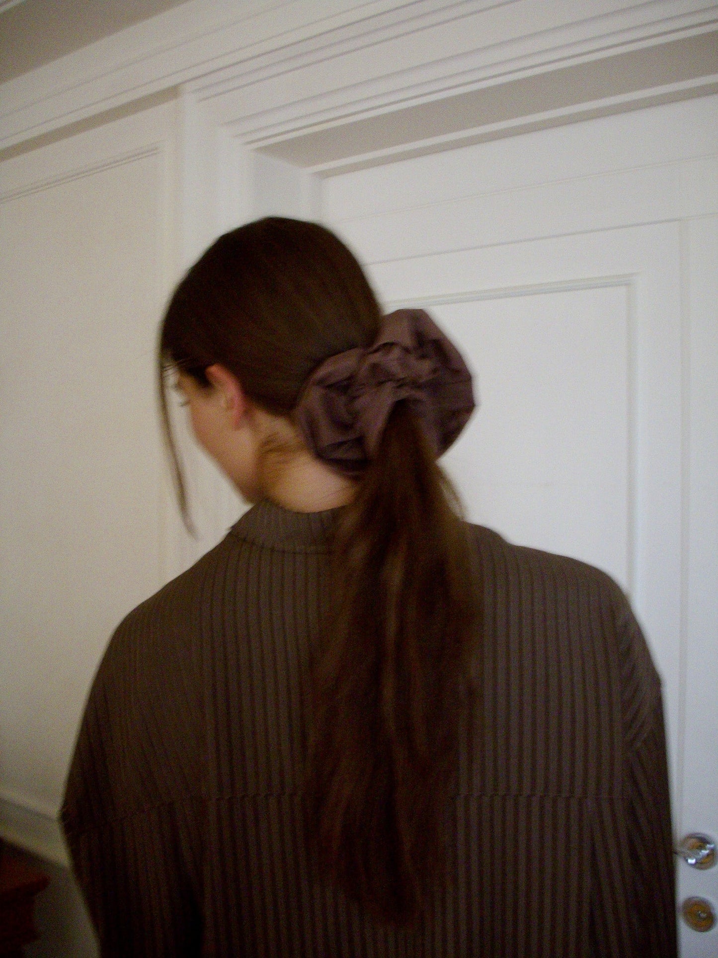 A person with long brown hair tied in a low ponytail with a large dark Scrunchie stands facing a white door, wearing a brown pinstriped shirt.
