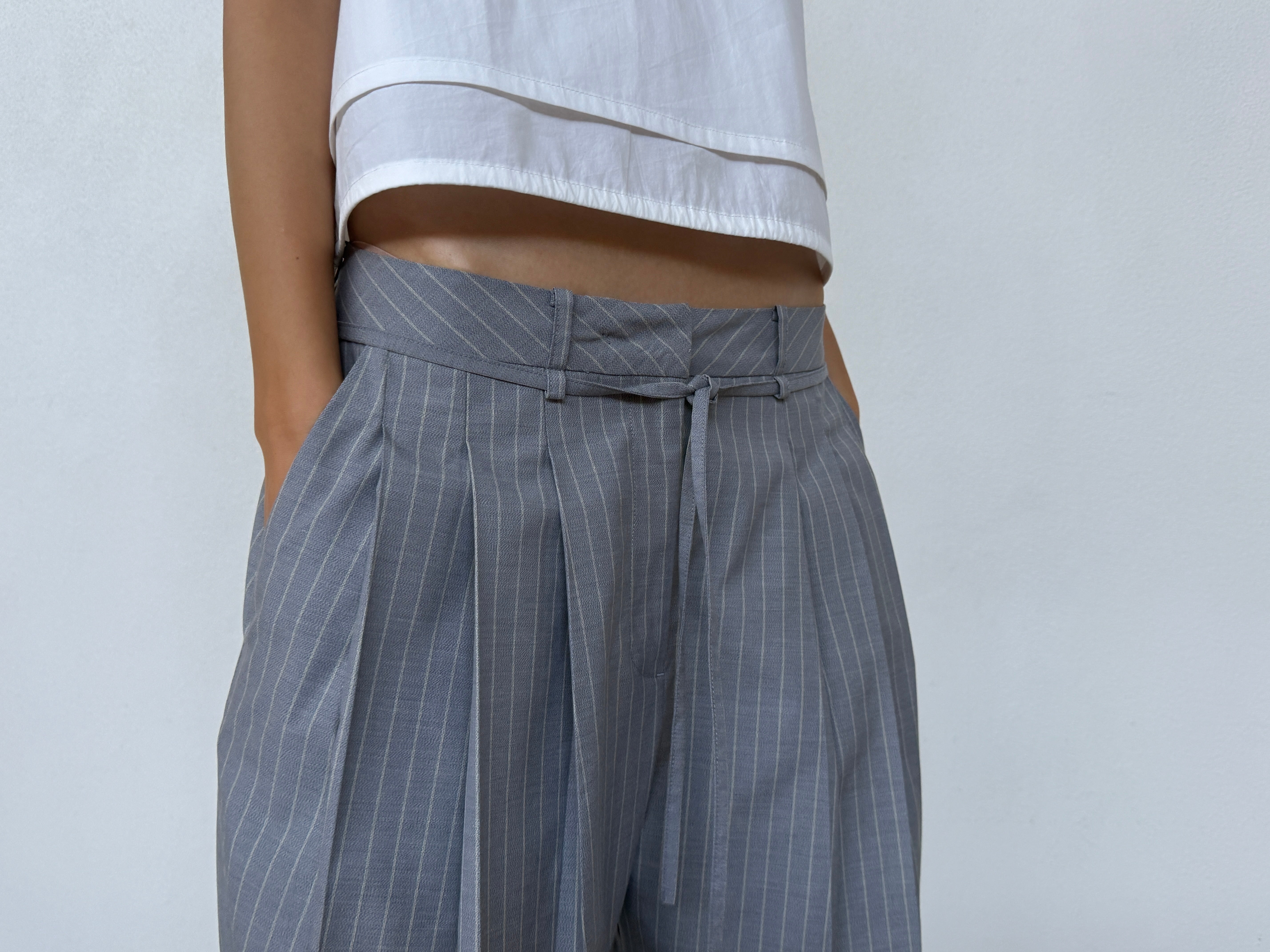 deiji studios Tri Pleat Pure Wool Pant Steele Stripe Tri Pleat Pure Wool Pant - Steele Stripe