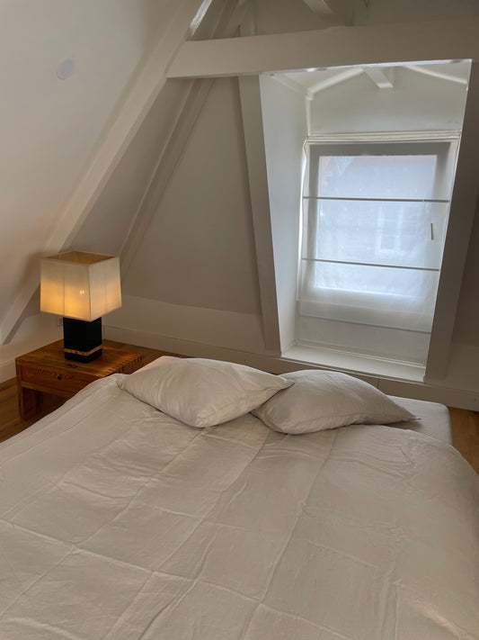 Light room with queen bed topped with Duvet cover - Oatmeal by Deiji Studios