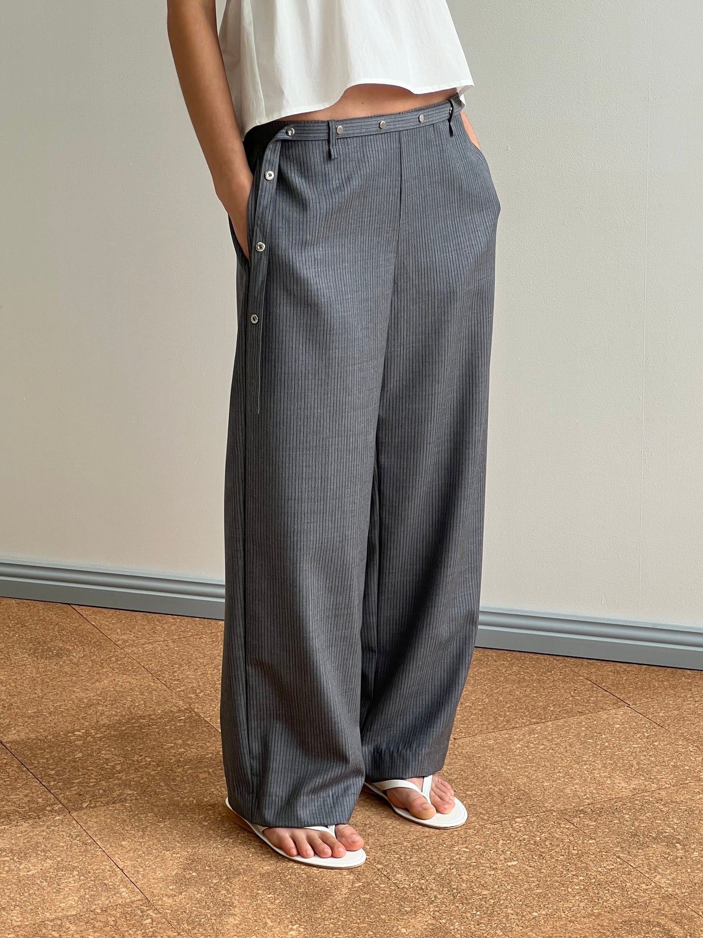 Wool Belt Pant - Grey Blue Stripe