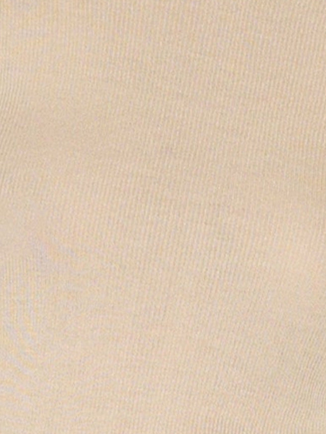 Close-up view of the Knitted Top - Fawn, featuring a beige ecoviscose fabric with a slight texture and subtle horizontal and vertical lines that accentuate its knit pattern.