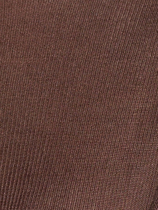 Close-up of the Knitted Top - Dark Brown, featuring a brown ribbed fabric with fine vertical lines and a softly textured, stretchy ecoviscose material often used in clothing.