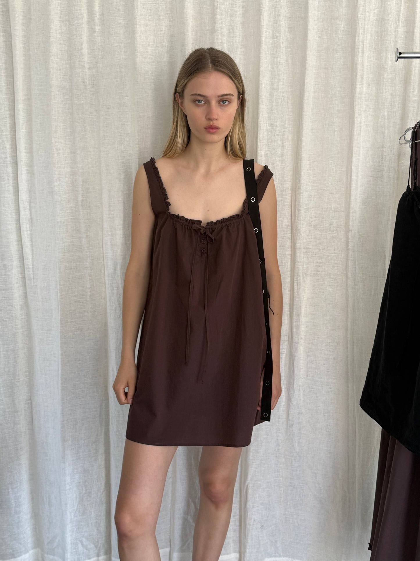 Button Frill Mini Dress - Umber