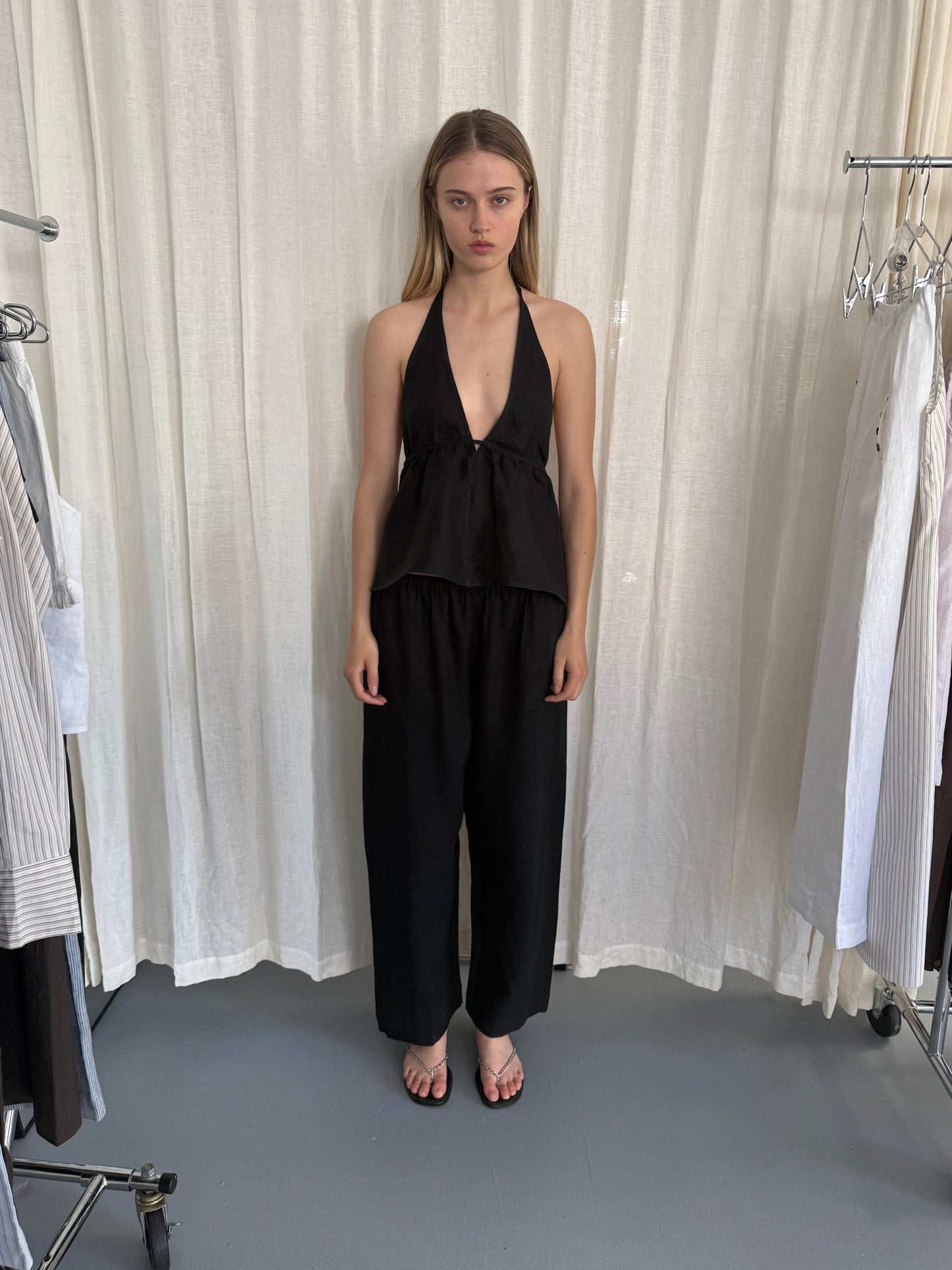 Linen Button Halter - Black