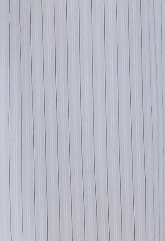 Close-up of the Yoke Mini Dress - Mineral Stripe by Deiji Studios, featuring light gray fabric with thin, evenly spaced vertical black pinstripes—perfect for an elegant a-line mini dress look.