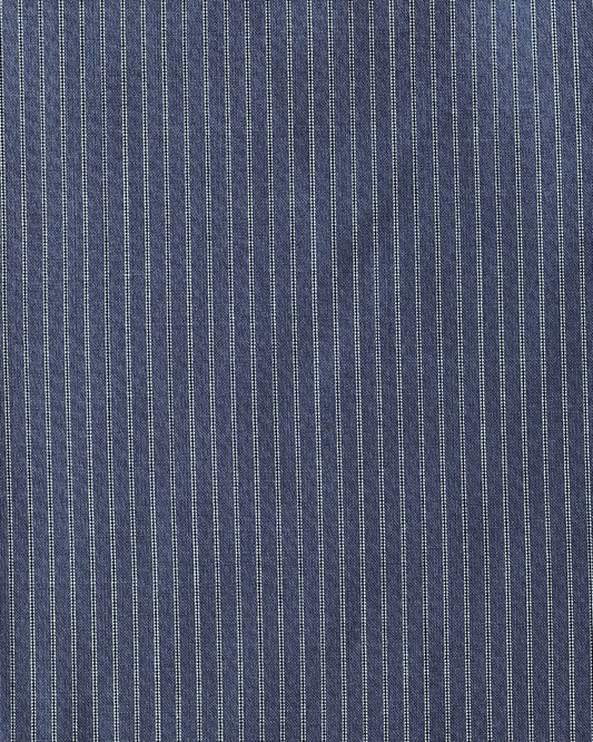 Close-up of 0 Folded Wool Pant - Navy Stripe fabric, featuring visible texture and weave with evenly spaced, thin white pinstripes—perfect for relaxed straight leg or folded pant styles.