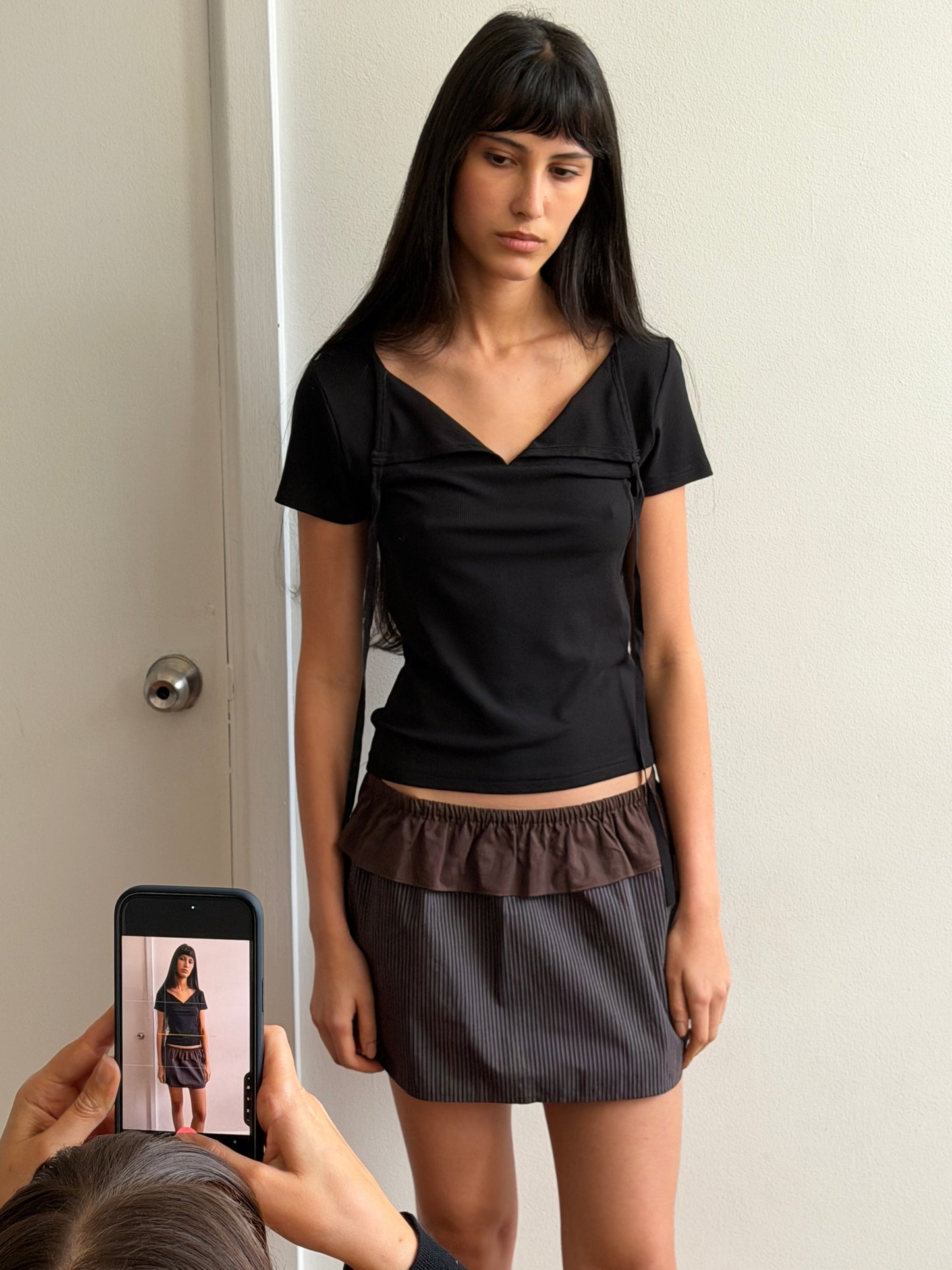 Flounce Layer Mini Skirt - Brown Blue Stripe