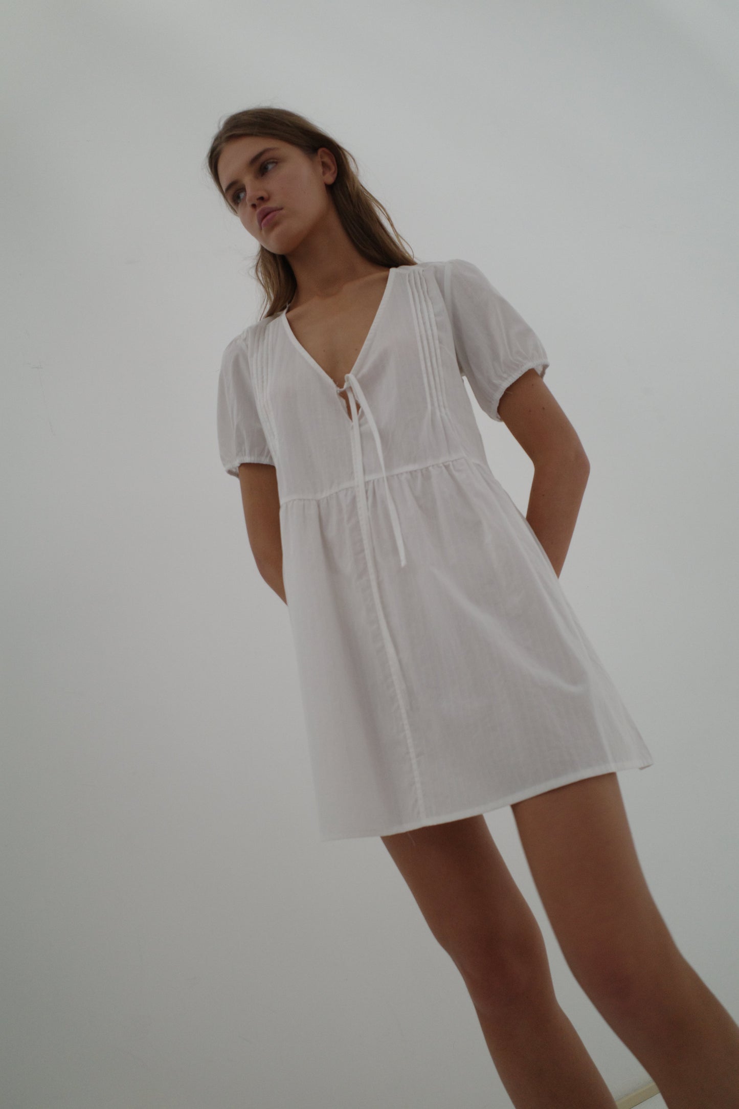 V Pleat Dress - White Texture