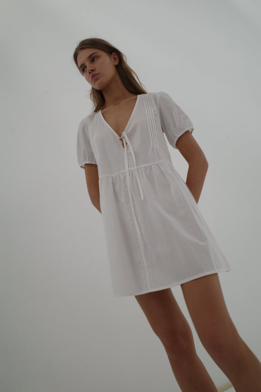 V Pleat Dress - White Texture