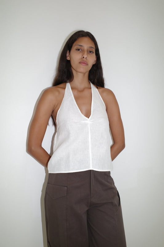 Linen Pinched Halter Top - White