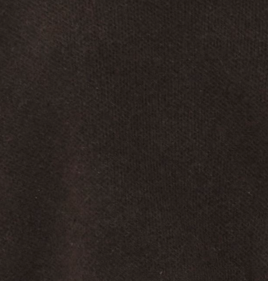 A close-up of the Collared Pullover - Burnt Wood from Deiji Studios highlights the soft texture of its relaxed black knit fabric.