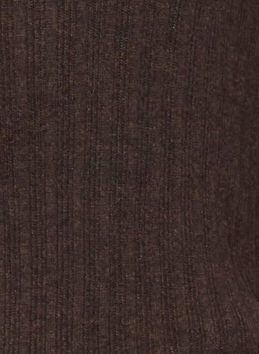 Close-up of Polo Knit - Dark Almond: brown ribbed organic cotton fabric with vertical textured lines, subtle shade variations, and a soft, polo knit appearance.