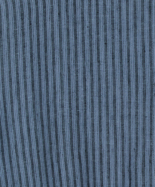 Close-up of the Line Top - Azure Stripe: blue and grey vertical stripes with a textured, woven look. Stripes are evenly spaced and subtly vary in width and color—perfect for a lightweight top.