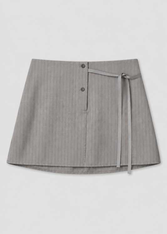 Wool Tie Mini Skirt - Grey Stripe
